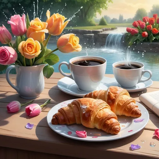 Prompt: a plate of croissants next to a cup of coffee, very beautiful fantasy art, summer morning dew, summer swimming party, 8 h, a full-color airbrushed, beautiful mattepainting, roses and tulips, painting of splashing water, in the morning, beautiful brush stroke rendering, 
