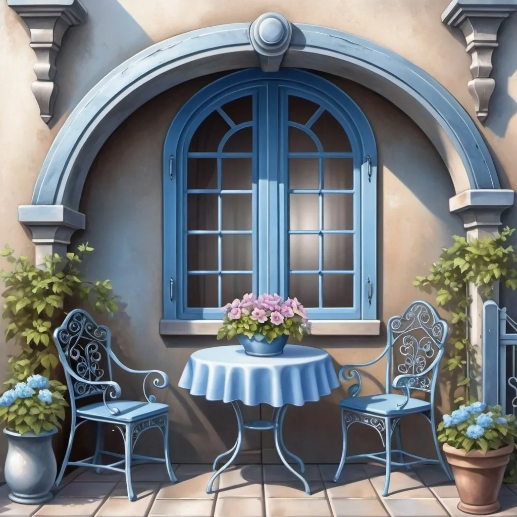 Prompt:  a patio with a table and chairs, a beautiful border, steel arches, a window with a flower box,quiet beauty, depths of joy, a small fence, silver and blue colors, airbrush illustration,