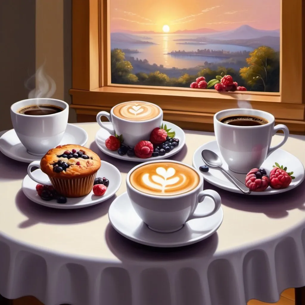 Prompt:  a painting of a table with a cup of coffee and muffins, beautiful gorgeous digital art, berries, famous painting, sun rise, very elegant features, airbrushed painting, smiling sweetly, happy apearance, cute kitchen, mouthwatering, lovely, high detailed cartoon, during sunrise