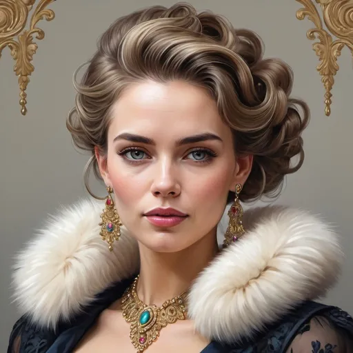 Prompt:  high quality digital painting of a woman with carefully styled hair, fur collar and large earrings, portrait, detailed hairstyle, luxurious, elegant, ornate, glamorous, traditional art style, realistic, front view, colorful, high definition, fine art, intricate detail, classic portrait, fashion illustration