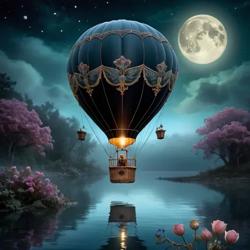 Prompt: a hot air balloon floating over a body of water, fantasy portrait art, nigth moon ligth, owlship, floral dream, connectedness, inspired by Kim Keever, art nouveau”,  dream, caravagio, by David Macaulay, nite - owl, enchanted dreams. i  midnight hour