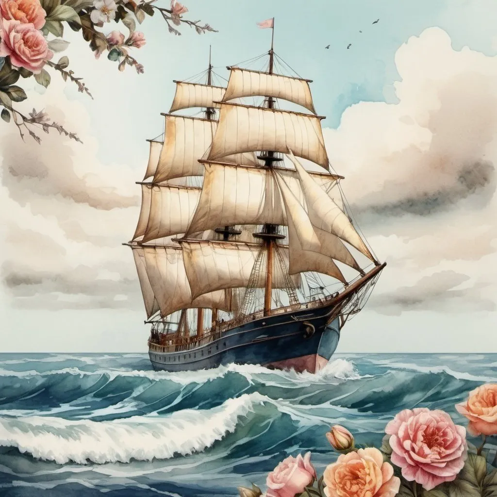 Prompt: ship sails, with flowers, sea, waves,high detail vintage aesthetics, in the style of old fantasy ,approaching photorealism, the art of color sketch, watercolor painting