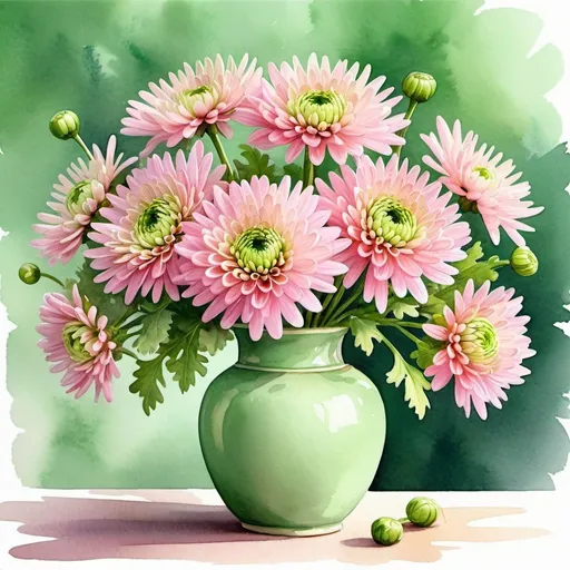 Prompt:  A bouquet of pink chrysanthemums in an exquisite light green ceramic vase. Watercolor painting, very bright design, realistic, cartoon style