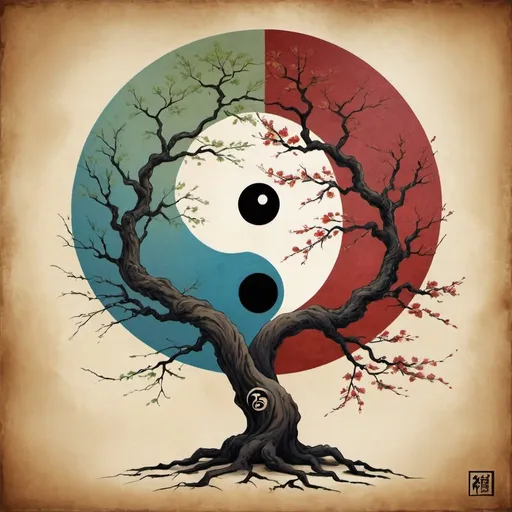 Prompt: a painting of a tree and a yin sign, taoism, balanced colors hd, spiritual imagination of duality, zen aesthetic, yin yang, balanced colors, balance, by Wu Wei, combination art, everything is in balance, zen concept, yinyang shaped, nonduality, life and death mixing together, tai chi, tattoo design, concept tattoo design, balance composition 