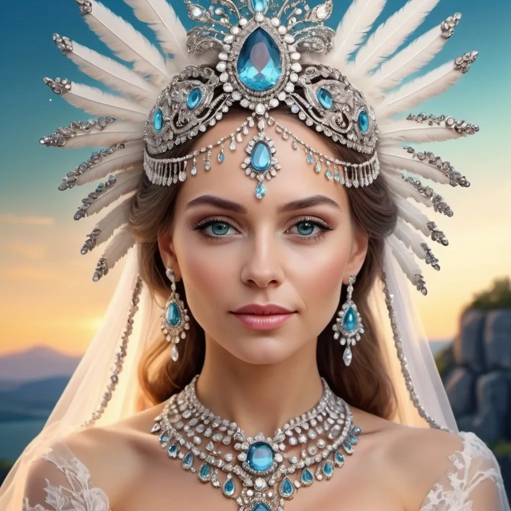 Prompt: Portrait of a woman in an exquisite wedding headdress decorated with precious stones and a matching necklace. Beautiful landscape in the background.
Fantasy beautifully realistic airbrush drawing