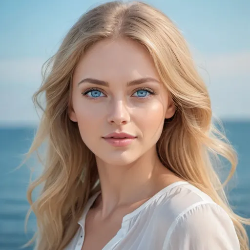 Prompt: Charming woman with long blond hair and blue eyes, in a white blouse, beauty with detailed faces, beautiful female face,  beautiful face with brown-blond hair, beautiful young woman, beautiful makeup, against the background of the sea, sky, drawing