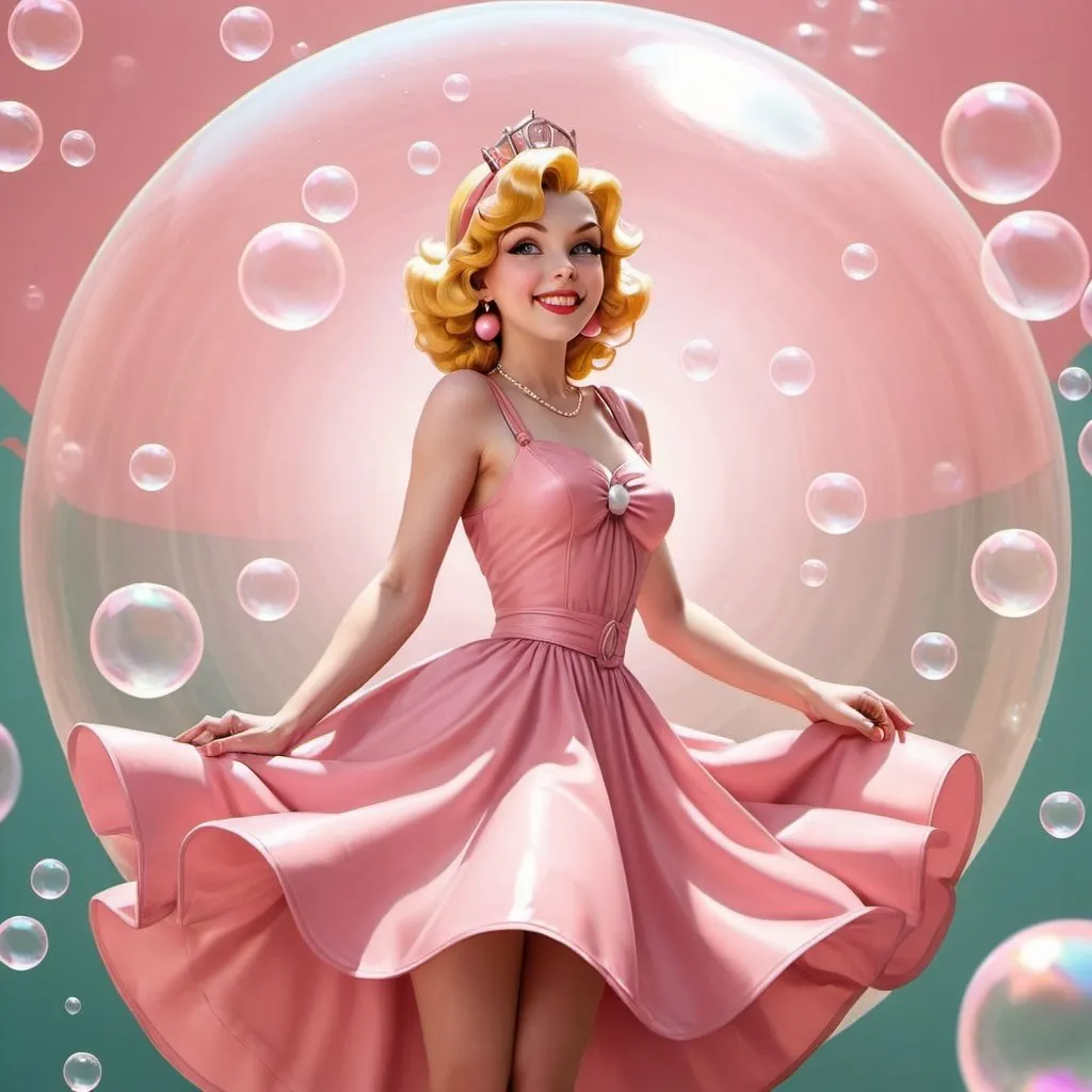 Prompt: a woman in a pink dress surrounded by bubbles,  , art deco era), princess peach), bubble background,  , ad image, (art station),  bubble gum, for a beautiful, pin - up girl, happy appearance