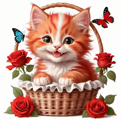 Prompt:  funny cartoon,fluffy red kitten smiling sweetly ,in a basket with roses and butterflies, white background, fantasy beautifully fabulous drawing,
