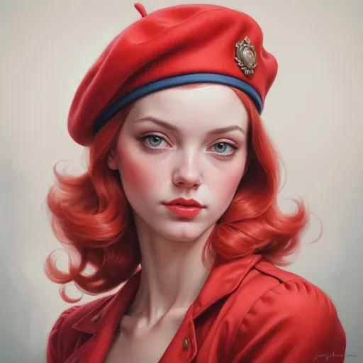 Prompt: the woman in the red French beret, artgerm and James Jean, realistic sweet girl beautiful , Joyce Ballantyne style, realistic portrait beautiful fantasy portrait