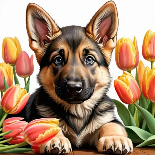 Prompt:  a German Shepherd puppy lying next to a bouquet of tulips, cartoon image, charming smile, eyes without a yellow tinge, detailed close-up portrait, rich color, realistically beautiful drawing cartoon fantasy art