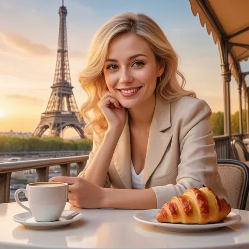 Prompt: a woman sitting at a table with a croissant and a cup of coffee in front of her, against the background of the Eiffel Tower, cream blonde, happy and beautiful, full-color airbrushing, golden hour, high detail, realistic, natural,medium plan, the effect of blooming lighting, cartoon drawing, acrylic painting,