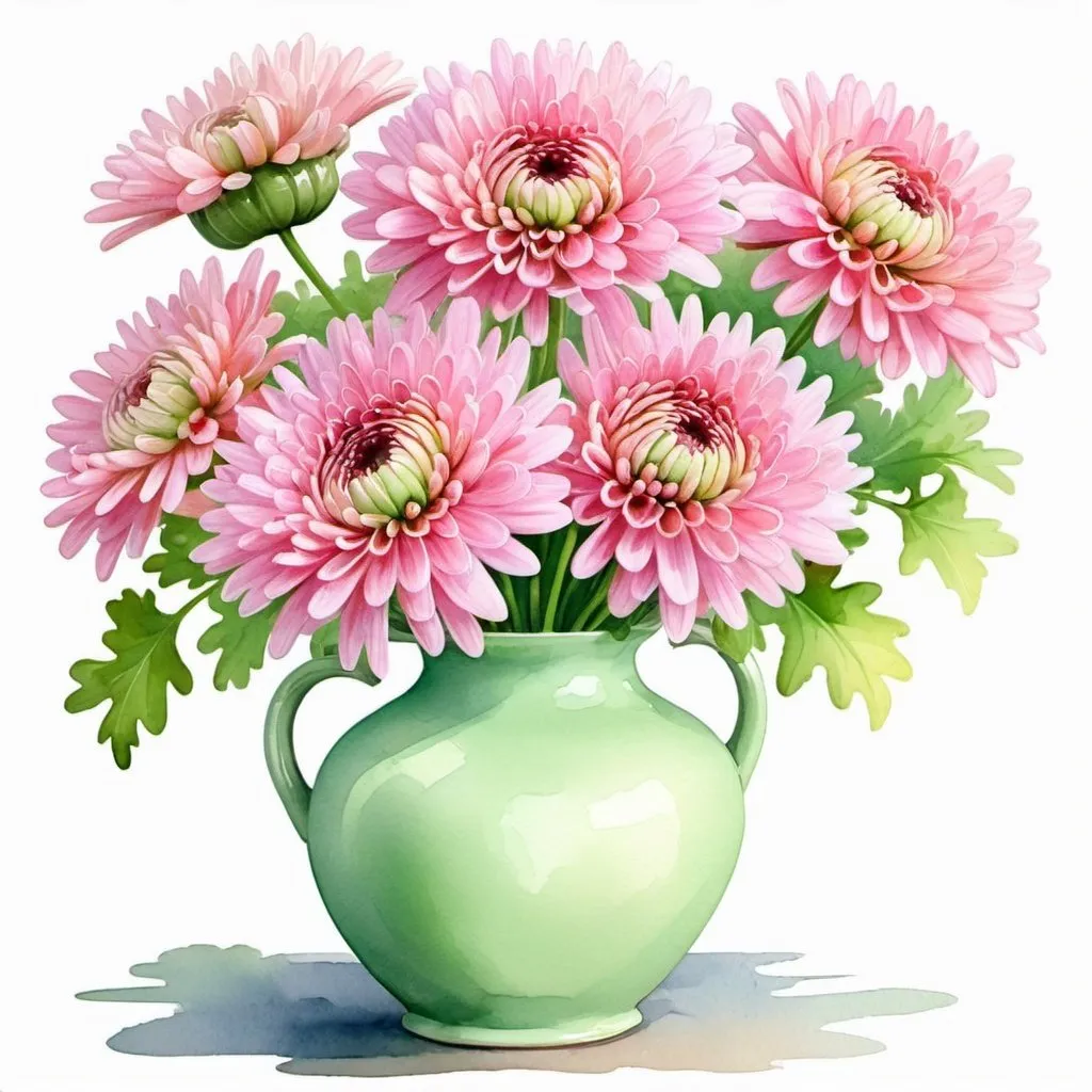 Prompt:  A bouquet of pink chrysanthemums in an exquisite light green ceramic vase. Watercolor painting, very bright design, realistic, cartoon style