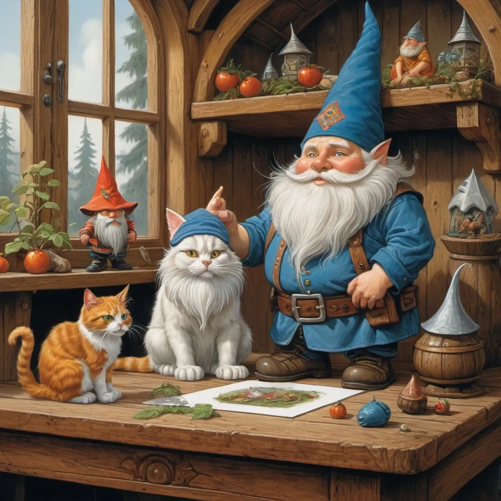 Prompt:  a painting of a cat and a gnome on a table, slavic folk fairytale, by Sven Nordqvist, russian folk fairytale, fairy tale illustrations, award-winning fantasy art, by Justin Gerard, storybook art, by Bob Byerley, gwelf, by Jacek Yerka, inspired by Sven Nordqvist, award winning fantasy art, intricate fantasy painting