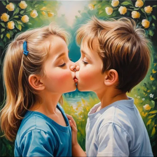 Prompt:  painting of two children kissing each other, romance, first kiss for a boy and a girl, love is the beginning of everything, beautiful kiss, beautiful oil painting on canvas, high quality oil painting, romantic art work, romantic, beautiful oil painting, beautiful intricate oil painting, boy and girl kissing smile, cute kissing together