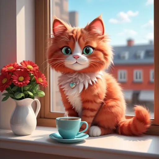 Prompt:  cute fluffy red cartoon cat sits on the windowsill next to a cup of coffee, a bouquet of flowers in a vase, the cat drinks coffee, a smiling cat, a cute beautiful cat, a cat drinks tea, a happy cat, a cool cat, fantasy beautiful 3 D drawing