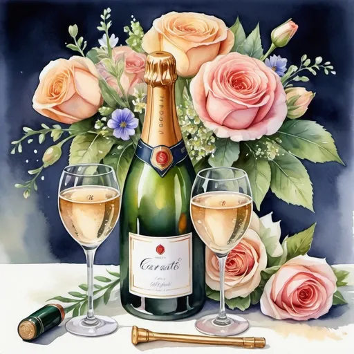 Prompt: a bottle of champagne next to two glasses of wine, against the background of a bouquet of flowers in exquisite, luxurious, romantic and festive detail -No. 9, octane number 8 carats,Watercolor painting , very bright design, realistic, in cartoon style