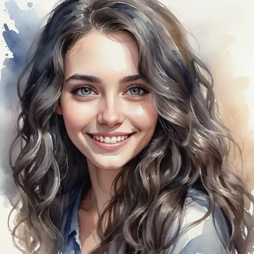 Prompt: portrait of a smiling young woman with long dark wavy hair with a silvery sheen, perfect face, expressive eyes. Fantasy is realistically beautiful, watercolor