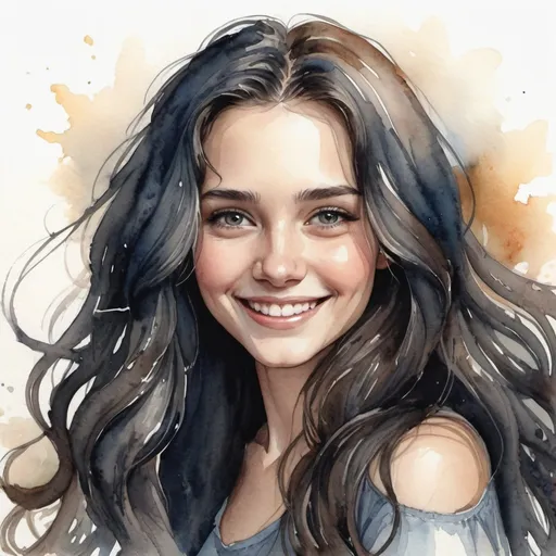 Prompt: Close-up portrait of a smiling young woman with long dark flowing hair. fantasy is realistically beautiful, watercolor ink drawing