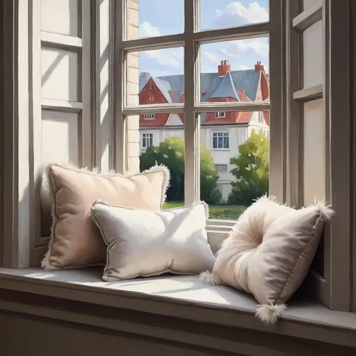 Prompt: Contemplating this serene painting of a window sill adorned with fluffy pillows brings a sense of calm. 🖼️✨ Home Decor Artistic Vibes Relaxation Station Detailed   