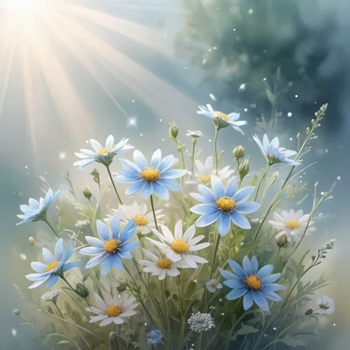 Prompt: bouquet of soft blue, wildflowers, white sparkles of sun rays, blurry and dreamy, connectedness, round delicate, emerging from the background, midsummer, fog, ultra-realistic, beautiful, colorful, realistic, high detail, rim light, 3D motion graphics, stunning watercolor painting,