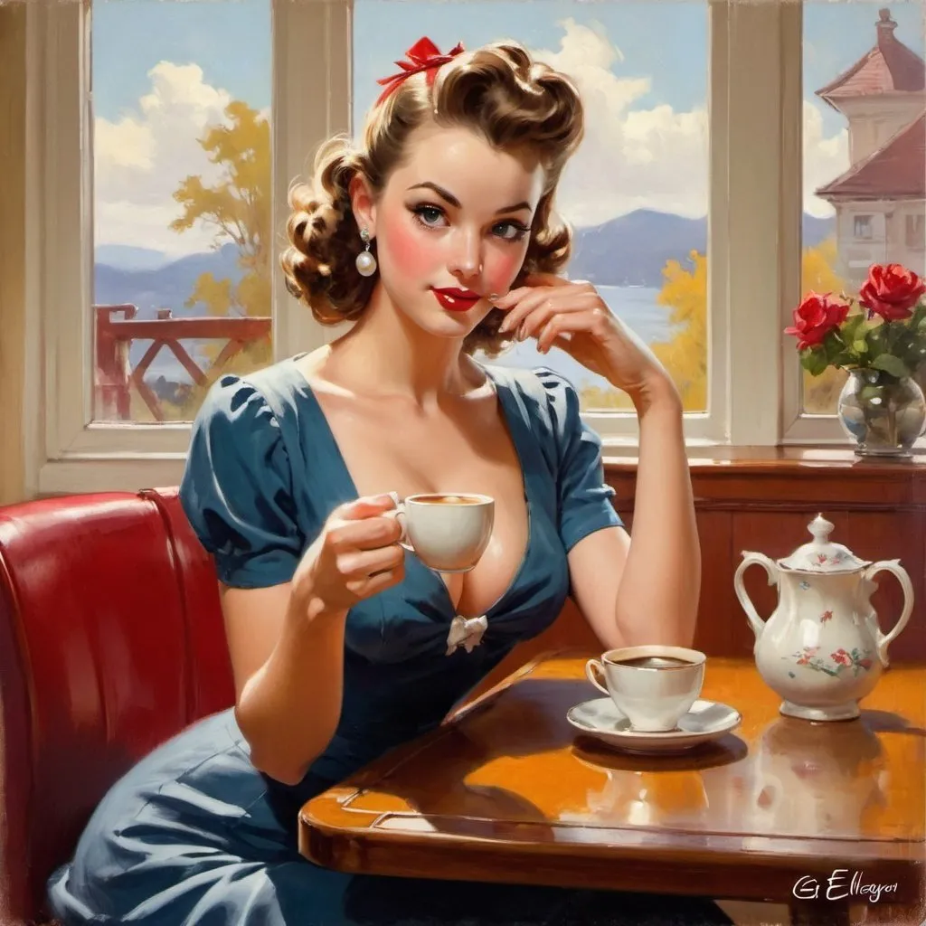 Prompt:  a painting of a woman sitting at a table with a cup of coffee, a fine art painting by Gil Elvgren, pinterest, figurative art, ( ( konstantin razumov ) ), gil elvgren style, woman drinking coffee