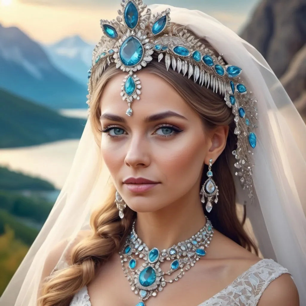 Prompt: Portrait of a woman in an exquisite wedding headdress decorated with precious stones and a matching necklace. Beautiful landscape in the background.
Fantasy beautifully realistic airbrush drawing