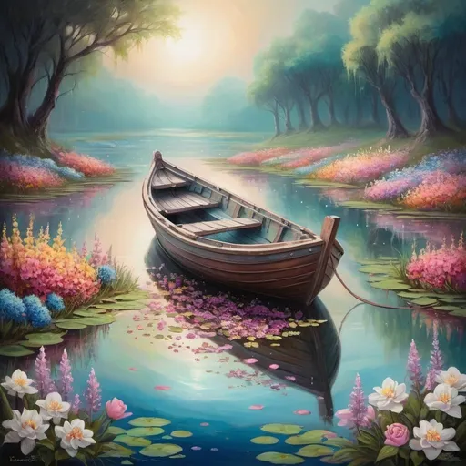 Prompt:  painting of a boat filled with flowers on a pond, fantasy art, beautiful fantasy painting, romanticism style painting, dreamscape art