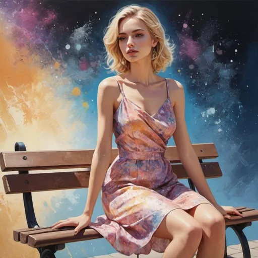 Prompt: a painting of a woman sitting on a bench,   well - detailed outfit, in sunny weather, detailed feminine face, color splashes, blonde girl in a cosmic dress, wearing fashion clothing, beautiful female model standing, solid color background intricate