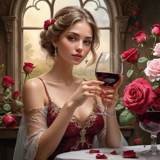 Prompt: painting with flowers and glass of wine, wine glass, wine glass, very beautiful digital art, beautiful gorgeous digital art, exquisite romance, exquisite digital art, beautiful art uhd 4k, beautiful fantasy painting, wine, translucent roses ornate, beautiful digital art, very very beautiful art, holding a glass of wine, very beautiful fantasy art, elegant and exquisite painting 