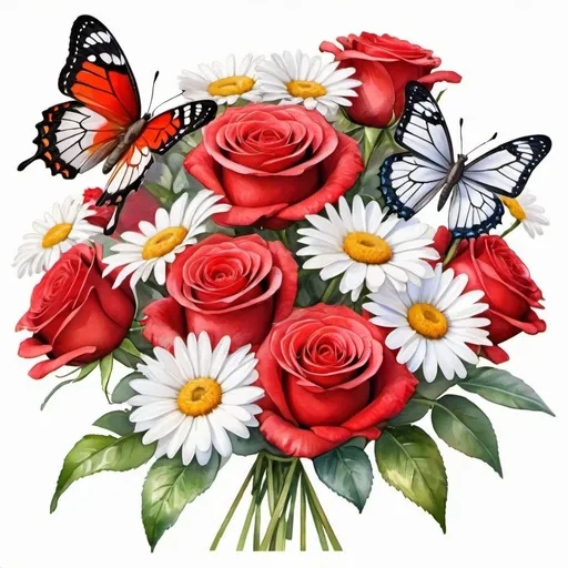 Prompt: bouquet of red roses, white daisies and butterflies, white background, high
 detail, rich colors, very bright design, realistic, cartoon style, watercolor painting,