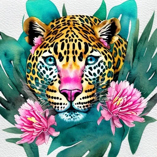 Prompt:  Bright Asian leopard, turquoise eyes, lying on palm leaves, pink carnation, realistic,multi-layered watercolor, colored ink, filigree drawing with a thin pen, grunge