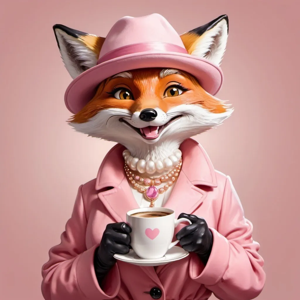 Prompt: cartoon fox (female) in a pink hat and with a cup of coffee in her hands, fashionable in elegant jewelry, luxury, afternoon, smug smile, foxes, donut, realistic drawing  