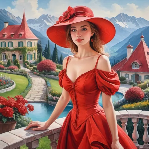 Prompt: a painting depicting a woman in a red dress and hat, stunning panorama, detailed fantasy painting, alpine, is a delight, with a French garden, feminine proportions, a young  elegant woman, red roofs,