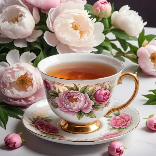 Prompt: A richly exquisitely decorated tea cup and saucer with decorative ornaments with hot tea, surrounded by bouquets of pale pink peonies and other decorative elements. Morning.
Fantasy beautifully realistic drawing
