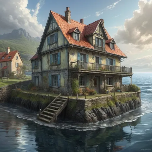Prompt: 
art by   Ralph Horsley



a typical european house with a slate roof, submerged under the water of the ocean,  scenic view, matte painting trending on artstation 






ultra highly detailed, detailed 



digital painting, highly detailed, intricated, intricated pose, clarity, high quality, Broken Glass effect, no background, stunning, something that even doesn't exist, mythical being, energy, molecular, textures, iridescent and luminescent scales, breathtaking beauty, pure perfection, divine presence, unforgettable, impressive, breathtaking beauty, Volumetric light, auras, rays, vivid colors reflects