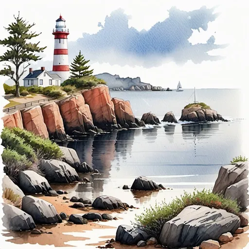 Prompt: Bay, sailboat on the water, lighthouse, wet rocks, bushes in the foreground, realistic ,natural, contrast ,dry watercolor, color sketch art