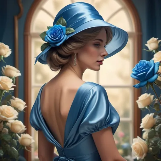 Prompt:  Create a high-quality digital illustration of a woman wearing a luxurious satin fabric dress and blue rose bonnet, surrounded by flowers, in a vintage style, with bright colors and soft lighting, a realistic rear view, with a detailed and extensive close-up, with focus on the subject, combining digital art with realistic and surreal atmosphere, with 4K resolution