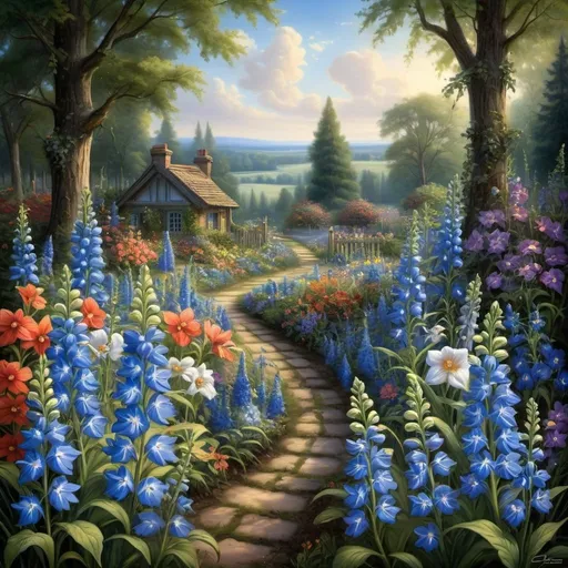 Prompt:  a painting of a garden with lots of flowers, blue delphinium, forest with flowers blue, by Terry Redlin, fantasy flowers and leaves, flower garden, field of fantasy flowers, lush plants and flowers, garden with flowers background, royal garden background, magical colorful flowers, blue flowers, beautiful large flowers, blue flower field, lush plants flowers