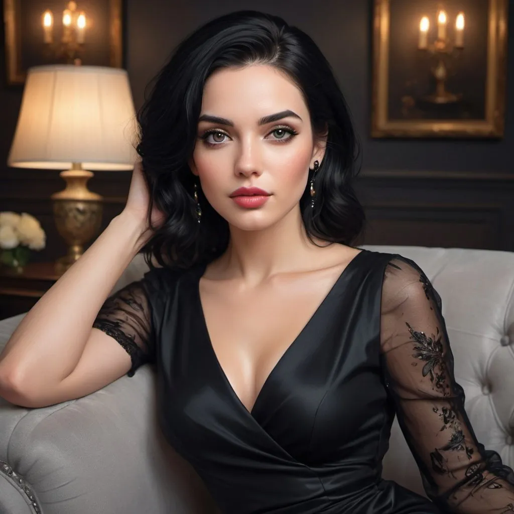 Prompt: a woman in a black dress sitting on a couch, very   woman with black hair, beauty woman with detailed faces, beautiful  woman photo, brunette woman, beautiful woman face, beautiful portrait image, in stunning digital paint, gorgeous digital painting, stunning digital painting, digital art of an elegant, 💋 💄 👠 👗, elegant digital painting, beautiful digital painting