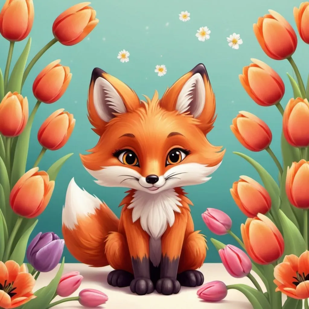 Prompt:  cartoon fluffy cute little fox with a bouquet of flowers, tulips, cute fox, flash image, greeting card, many flowers, for beautiful, with flowers and plants, warm spring, bouquet, flower vase full of flowers, platonic ideal of flowers, Alexis flower, bouquet of bright flowers, fleurfurr,