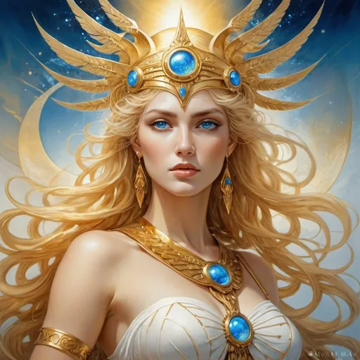 Prompt: a woman with golden hair and blue eyes, golden goddess athena, beautiful fantasy art portrait, karol bak uhd, beautiful fantasy portrait, golden aura, as the goddess of the sun, style of karol bak, very beautiful fantasy art, beautiful fantasy painting, the sailor galaxia. beautiful, beautiful fantasy art, portrait of queen of light, highly detailed fantasy art