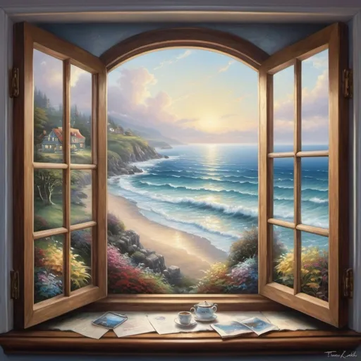 Prompt:  a painting of a window with a view of the ocean, beautiful fantasy painting, romanticism painting, style thomas kinkade, thomas kinkade painting, thomas kinkade style painting, by Thomas Kinkade, dream scenery art, thomas kinkade. highly detailed, style of thomas kinkade