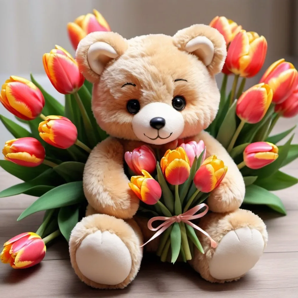 Prompt:  a teddy bear holding a bunch of flowers,   tulips, cute fox, flash image, greeting card,   many flowers, for a beautiful, with flowers and plants, warm spring, bouquet, vase of flowers, full of flowers, the platonic ideal of flowers, alexis flower, colourful flowers bouquet, fleurfurr,  