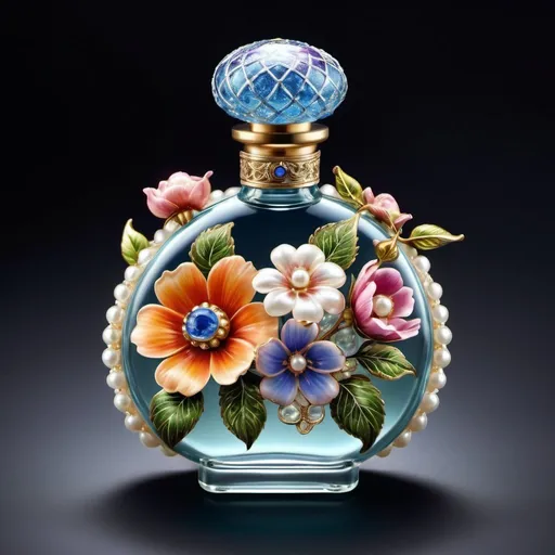 Prompt:  a bottle of perfume with flowers and pearls, perfume bottle, beautiful intricate glass bottle, antique perfume, floating in perfume, depicting a flower, cloisonne, fantasy flowers and leaves, hyper realistic poison bottle, i dream of a vase flowers, beautiful flowers and crystals, carrying a bottle of perfume, galaxy in a bottle, fantasy oil, cloisonnism