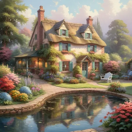 Prompt: a painting of a house next to a pool, idyllic cottage,  flowery cottage,  beatiful house, garden pond scene, cute style garden, anime scenery, by thomas kinkade, 
  