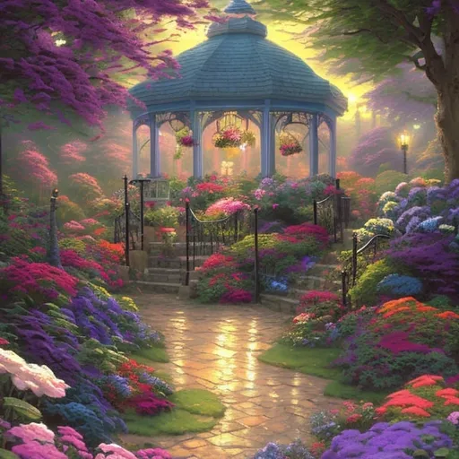 Prompt:  a painting of a gazebo surrounded by flowers, beautiful fantasy painting, beautiful isometric garden, style thomas kinkade, thomas kinkade painting, royal garden background, fairy palace, thomas kinkade style painting, enchanted garden, thomas kinkade. forest room, romanticism painting, style of thomas kinkade, greenhouse, beautiful detailed background, by Thomas Kinkade