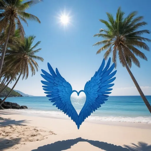 Prompt: Feel the serenity of the beach as your heart spreads its wings and flies high in a beautiful shade of blue 💙🌴 ,Winged Heart, Blue Heart, Serenity