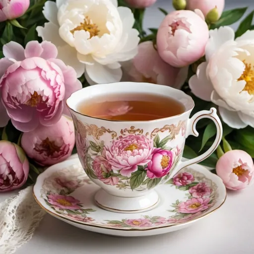 Prompt: A richly exquisitely decorated tea cup and saucer with decorative ornaments with hot tea, surrounded by bouquets of pale pink peonies and other decorative elements.