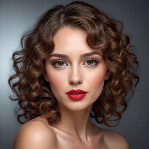 Prompt: woman light makeup with red lipstick, curly brown hair of medium length, high detail, back light , monochromatic airbrushing,