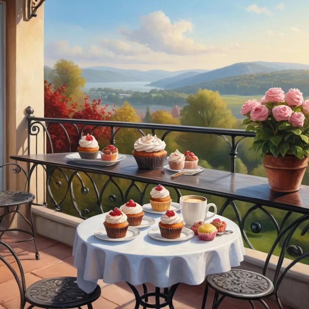 Prompt:  a painting depicting a table with a cup of coffee and cupcakes, breakfast on a terrace with a beautiful landscape, morning,exquisite rich decor, oil painting, hyperrealism, good morning, beautiful uhd 4K art, baking, highly detailed digital painting, exquisite painting, very beautiful digital art